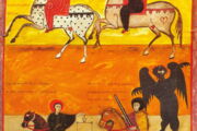 Die vier Reiter der Apokalypse. Werk: Beato de Fernando I Doña Sancha, datiert auf 1047 n. Chr. (Apoc. VI, 1–8f. 135; shelf 14-2 National Bibliothek, Madrid; https://commons.wikimedia.org/wiki/File:B_Facundus_135.jpg